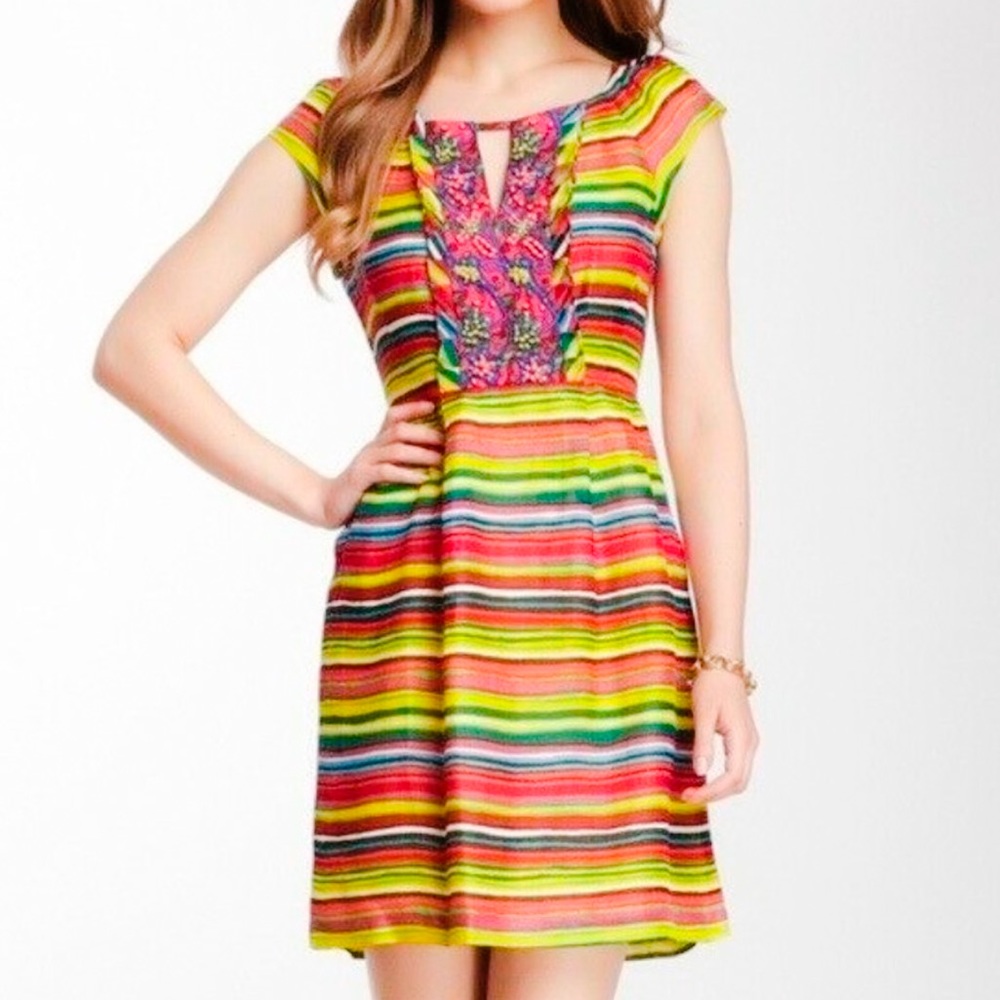 Nanette Lepore Mamacita Linen & Silk Blend Frock Beaded Shift Dress Size 0